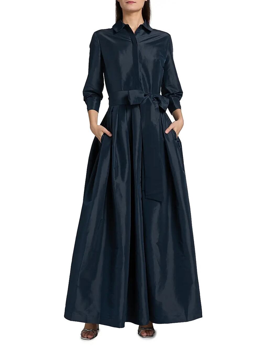 SIMKHAI Julip Tie-Waist Shirtdress-Style Gown Midnight Blue 2 NWT